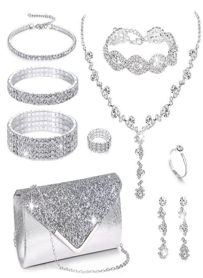 MEDOJO 10Pcs Silvery Rhinestone Jewelry Set for Women Bride Wedding Prom Jewelry Evening Rhinestone Sparkly Clutch Purse Bag Necklace Tennise Layered Bracelets CZ Ring Crystal Drop Earring Set - Image 1